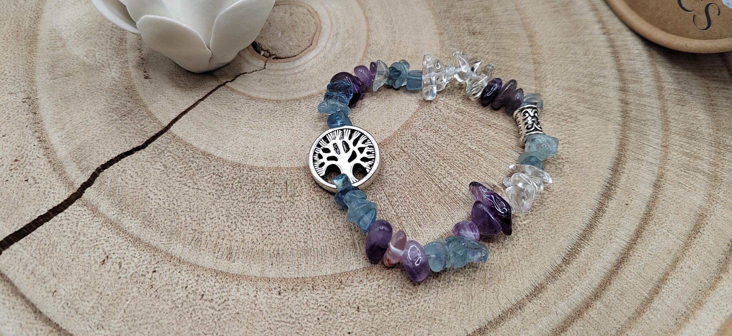 bracelet "chips" aigue marine, améthyste et cristal de roche